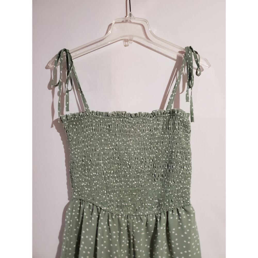 She + Sky NWT Polka Dot Smocked Ruffle Tie Strap Romper M Sage Green Cottage - Picture 3 of 10
